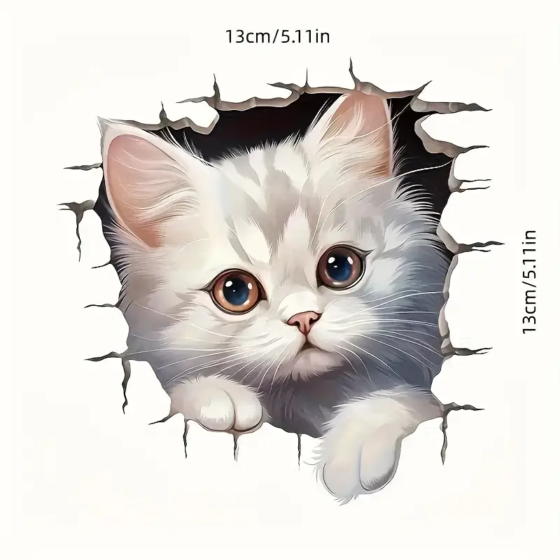 Sevimli Tüylü Beyaz Kedi Duvardan Bakıyor 13cmx13cm