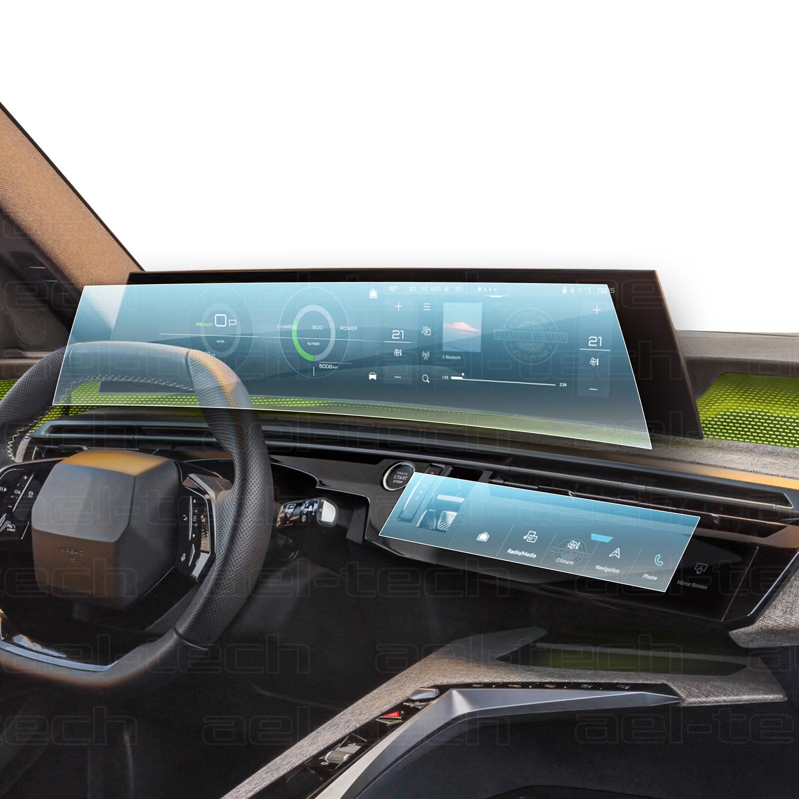 Peugeot 3008 2024-2025 Uyumlu 21 İnç Dijital Gösterge, Navigasyon ve Klima 9H Nano Ekran Koruyucu 2'li Set