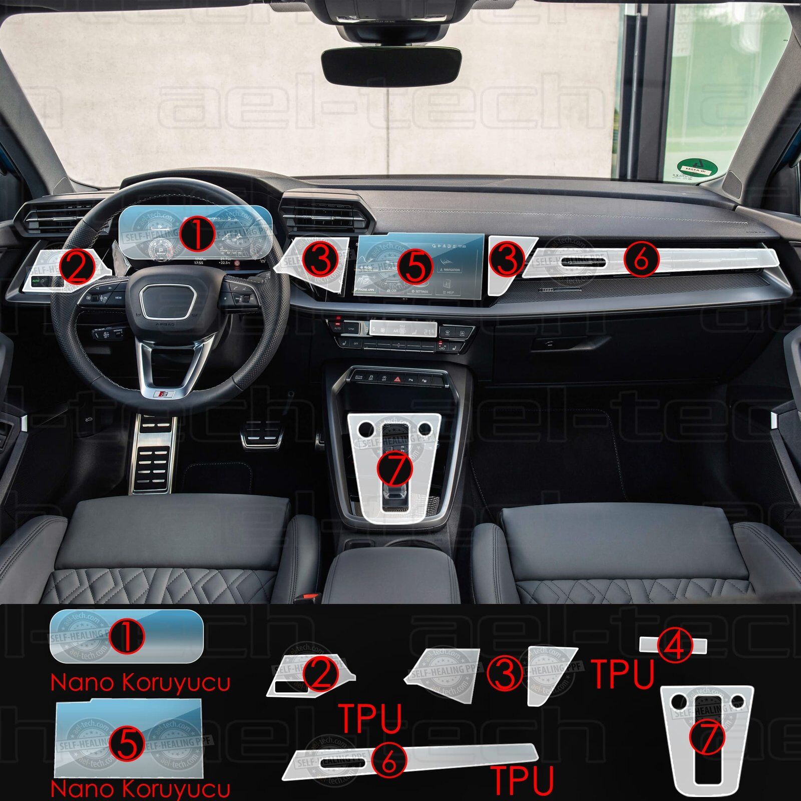 Audi A3 Navigasyon Dijital Gösterge Nano ve piano black uyumlu Tpu Koruyucu 7 li set 2021 2023