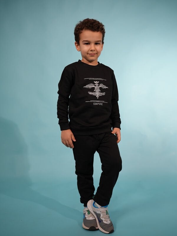 Siyah Pamuklu Kartal İşlemeli Unisex Alt-Üst Çocuk Eşofman Takımı