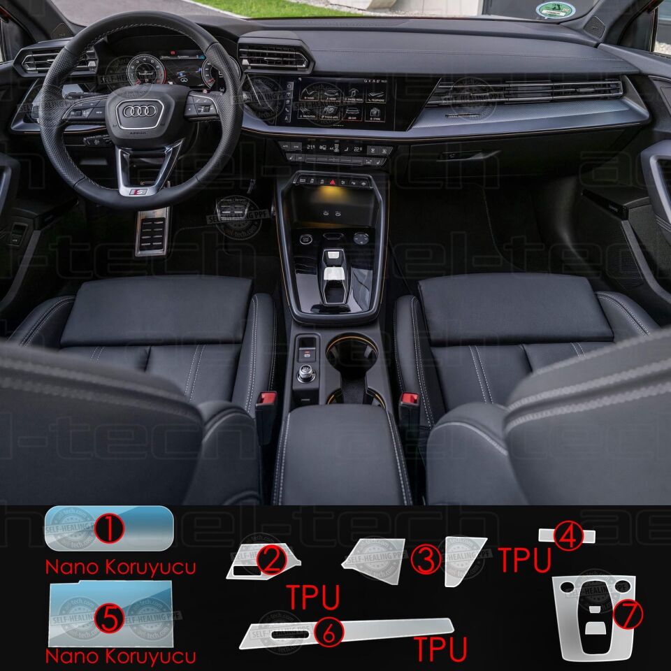 Audi A3 Uyumlu Navigasyon Dijital Gösterge Nano ve piano black 9H Tpu Koruyucu 7 li set