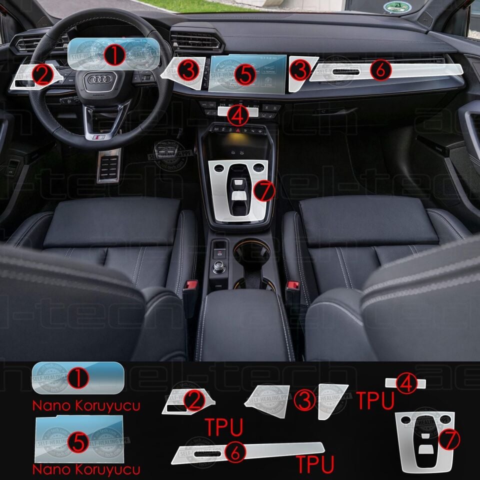 Audi A3 Uyumlu Navigasyon Dijital Gösterge Nano ve piano black 9H Tpu Koruyucu 7 li set
