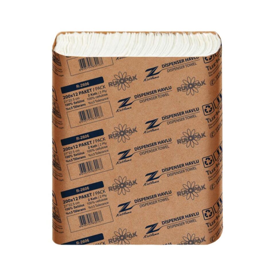 Rulopak Z Katlama Havlu Kağıt 2 Katlı 200 Yaprak 12'Li Paket
