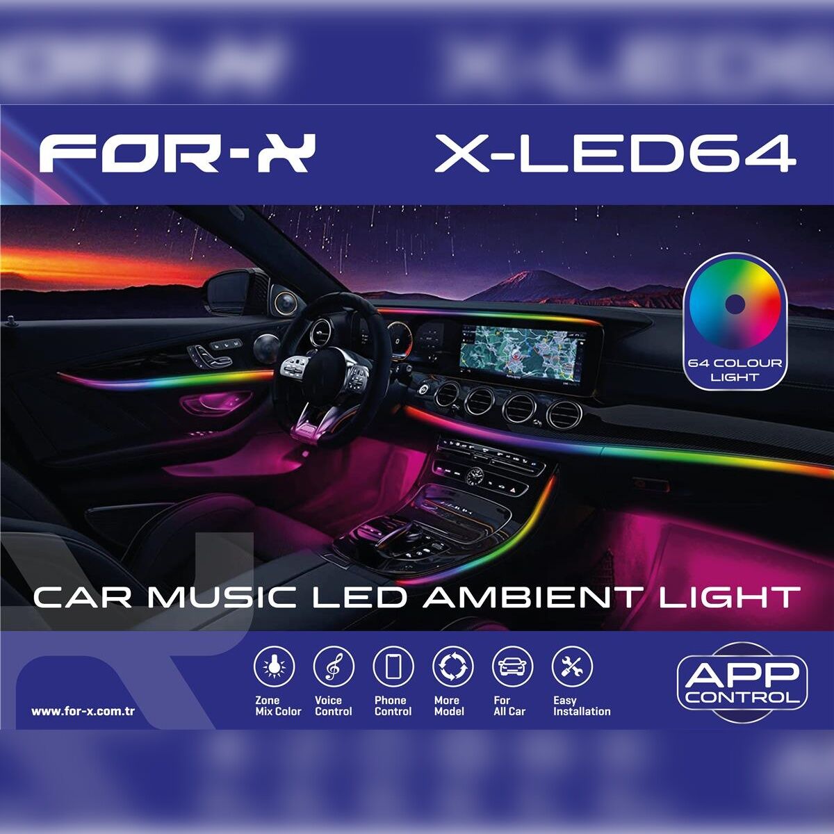 Araç İçi Ambiyans Led Aydınlatma - Animasyonlu 64 Renkli Müziğe Duyarlı RBG Led Ambians