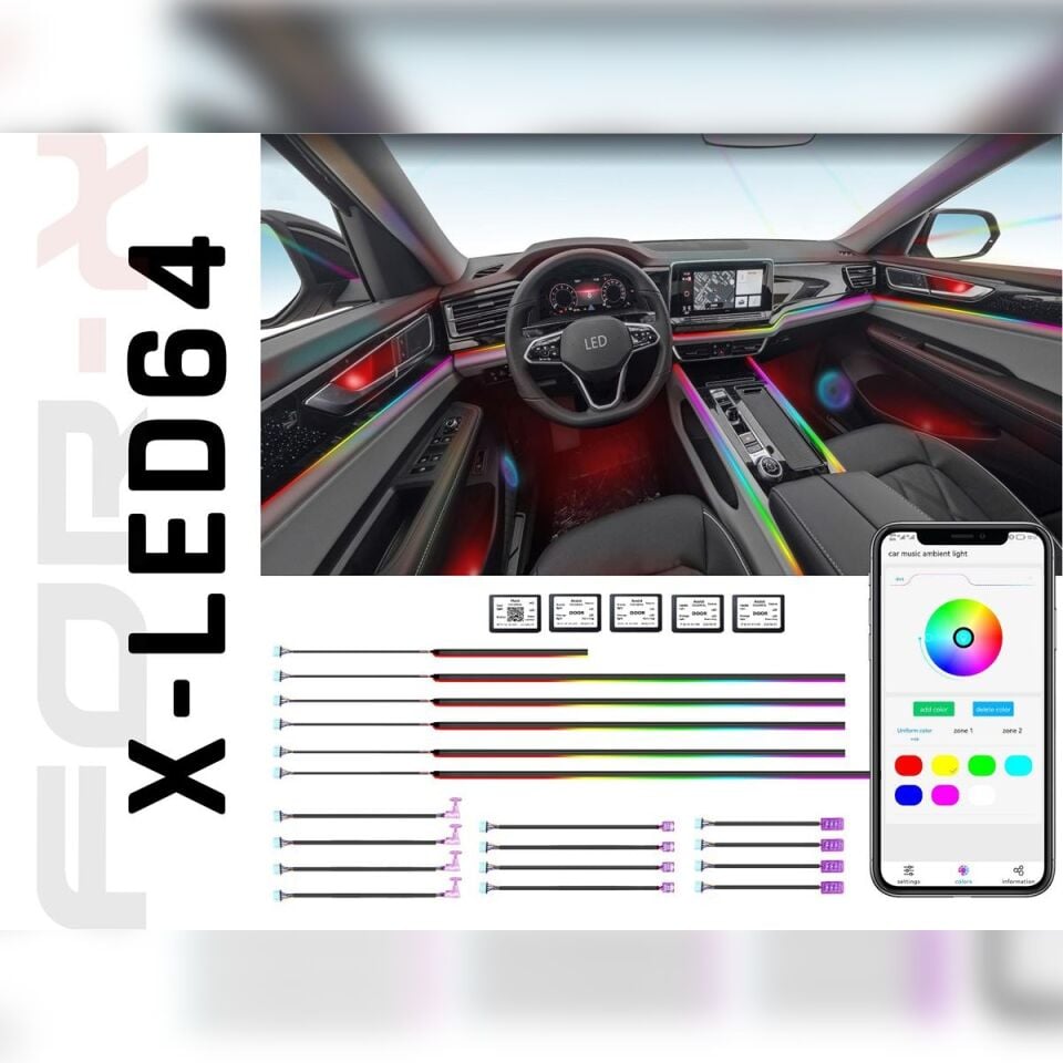Araç İçi Ambiyans Led Aydınlatma - Animasyonlu 64 Renkli Müziğe Duyarlı RBG Led Ambians