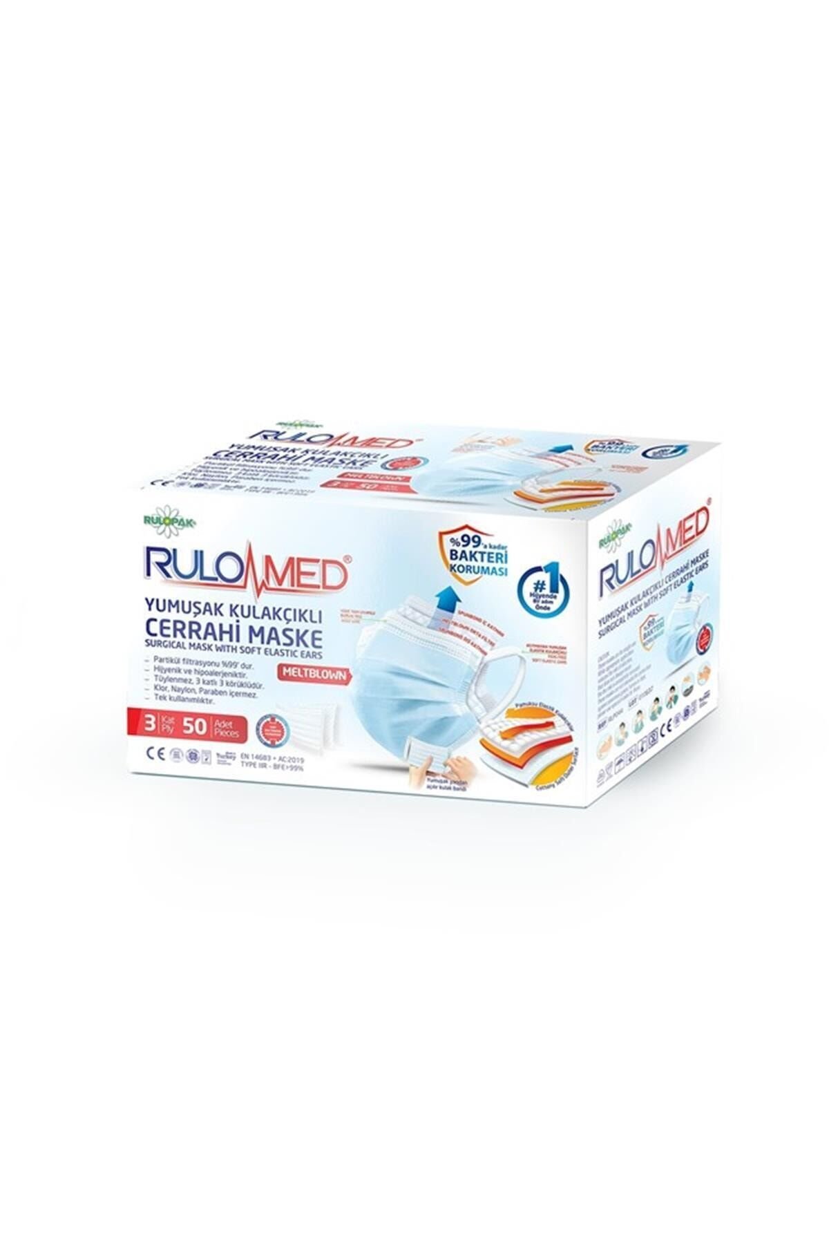 Rulopak Rulomed Elastik Kulakçıklı Maske 50'li BEYAZ